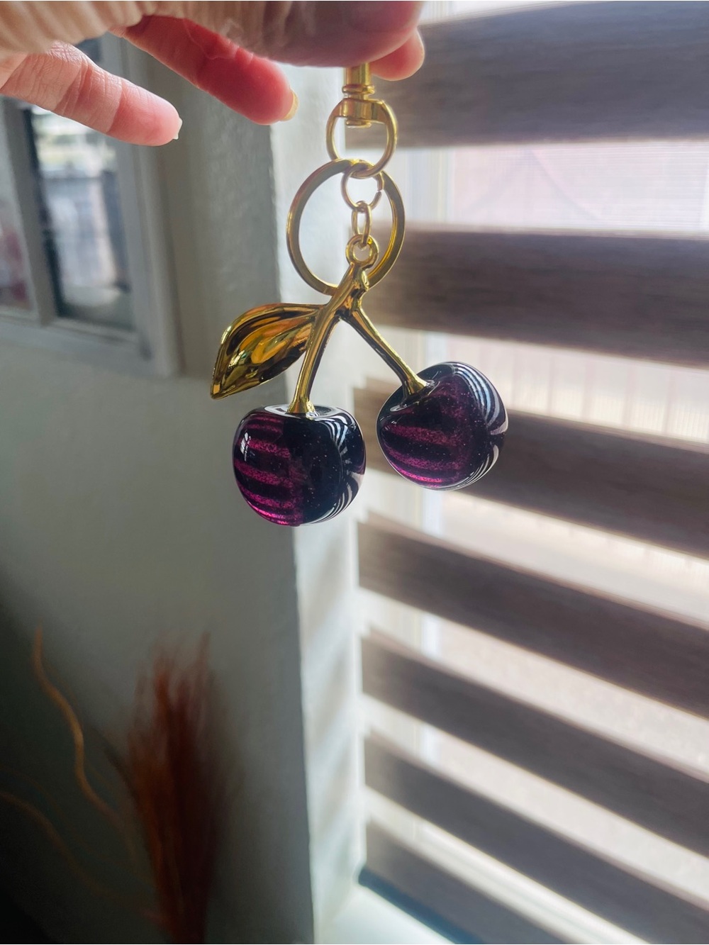 Gold-Tone Key & Card Holder Charm with Deep Purple Glass Cherries
